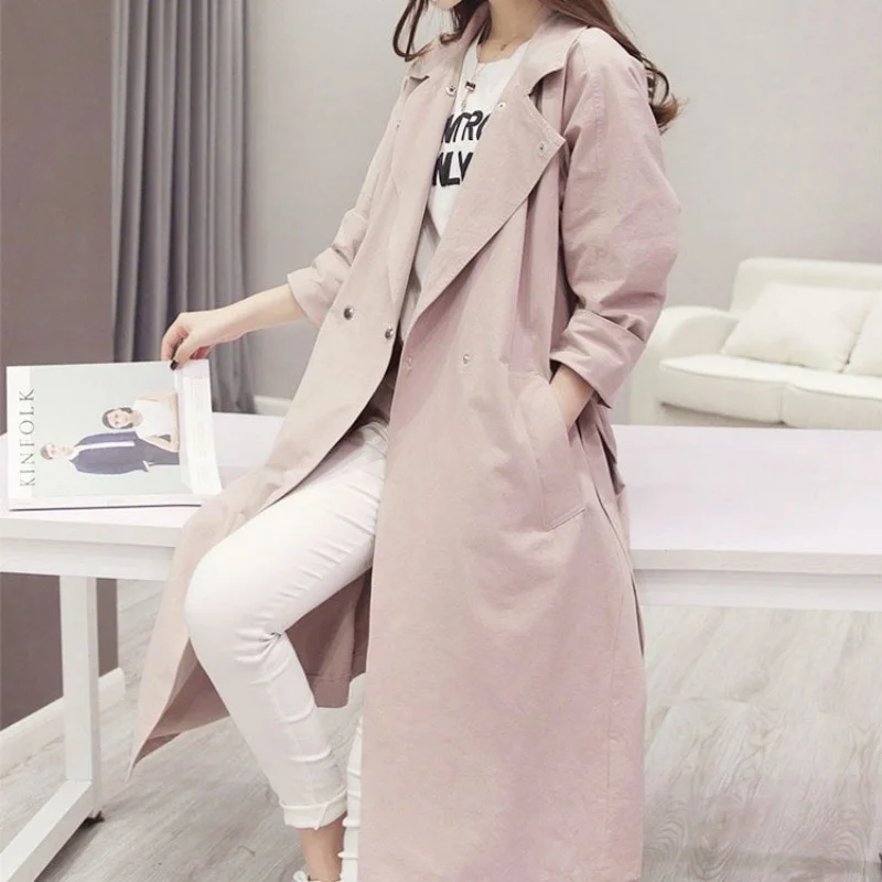 Windbreakers Women Elegant Slim Medium Long Sashes Cargo Outerwear Korean Leisure Stand Collar Office Trench Coat Female S-XL