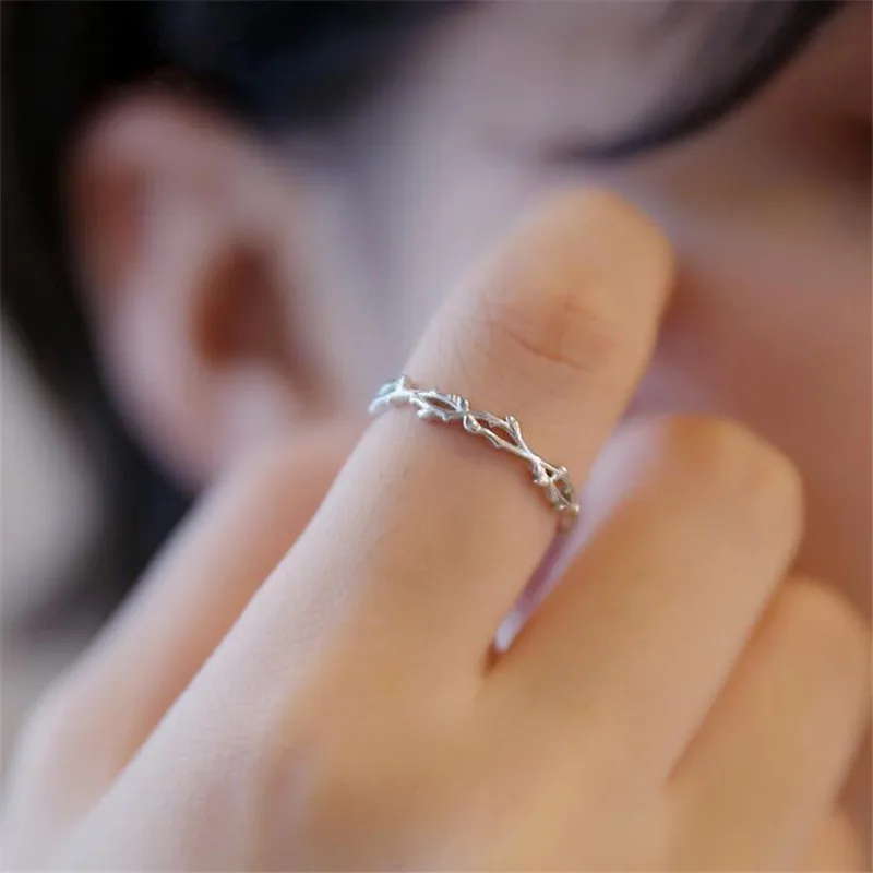 Women's 925 Sterling Silver Twig Thorn Leaf Opening Ring