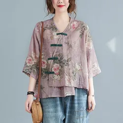 Women Summer Cotton Linen Casual Shirts New 2021 Chinese Style Vintage V-neck Floral Print Loose Female Half Sleeve Tops B304