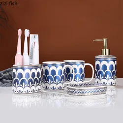 Ceramics Wash Cup Set Home Use Bathroom Five-piece Set with Tray Bathroom Supplies Lotion Bottle Soap Dish Toothbrush Holder