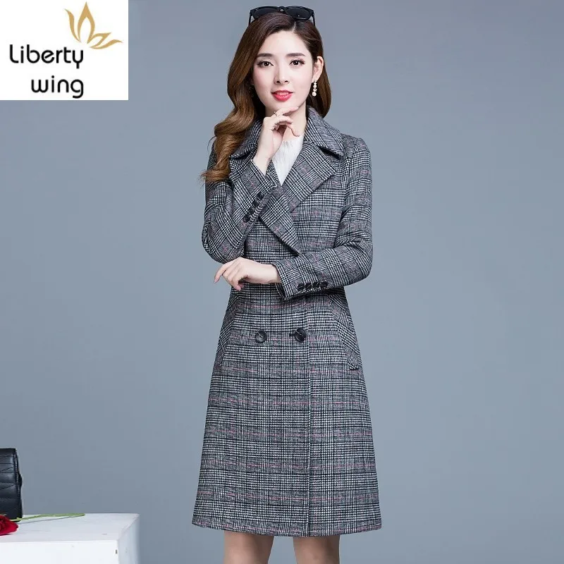 

New Autumn Korean Slim Fit Plaid Long Winter Wool Coat Women Plus Size M-4XL Lapel Overcoat Female Jacket Abrigos Mujer Elegante