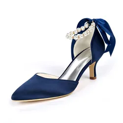 Kitten Heels Wedding Shoes for Bride Satin Pearls Pointed Toe Mid Heels Bridal Pumps Prom Evening Formal Party Dress Shoes