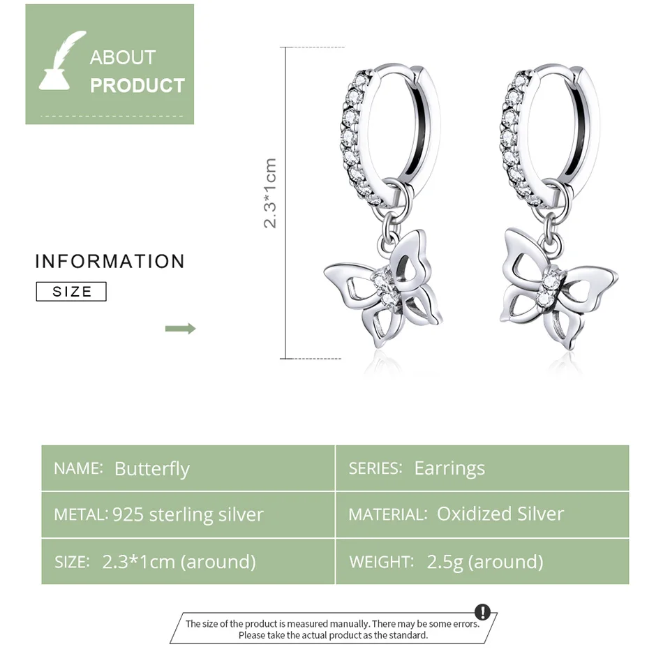 BAMOER Dazzling Butterfly Hoop Earrings for Women 925 Sterling Silver Engagement Wedding Statement  Fine Jewelry Pendants SCE833