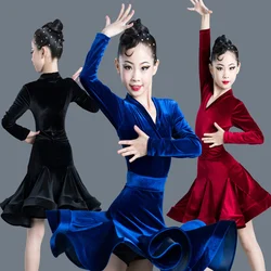 New Girls Latin Dresses for Dancing Ballroom Dance Dress Rumba Samba Velvet Children Samba Cha Cha Tango dress Standard Salsa
