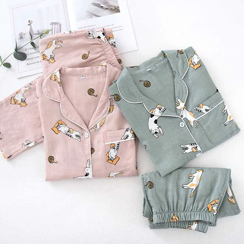 2022 Summer New Lovers Gauze Cotton Pajamas Set Cute Cartoon Printed Men And Women Sleepwear Comfort Loose Couple\'s Home-wear