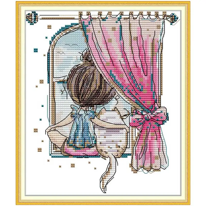 Little Girl and Fat Cat Patterns Counted Cross Stitch Set DIY 11CT 14CT 16CT Stamped DMC Cross-stitch Kit Embroidery Needlework