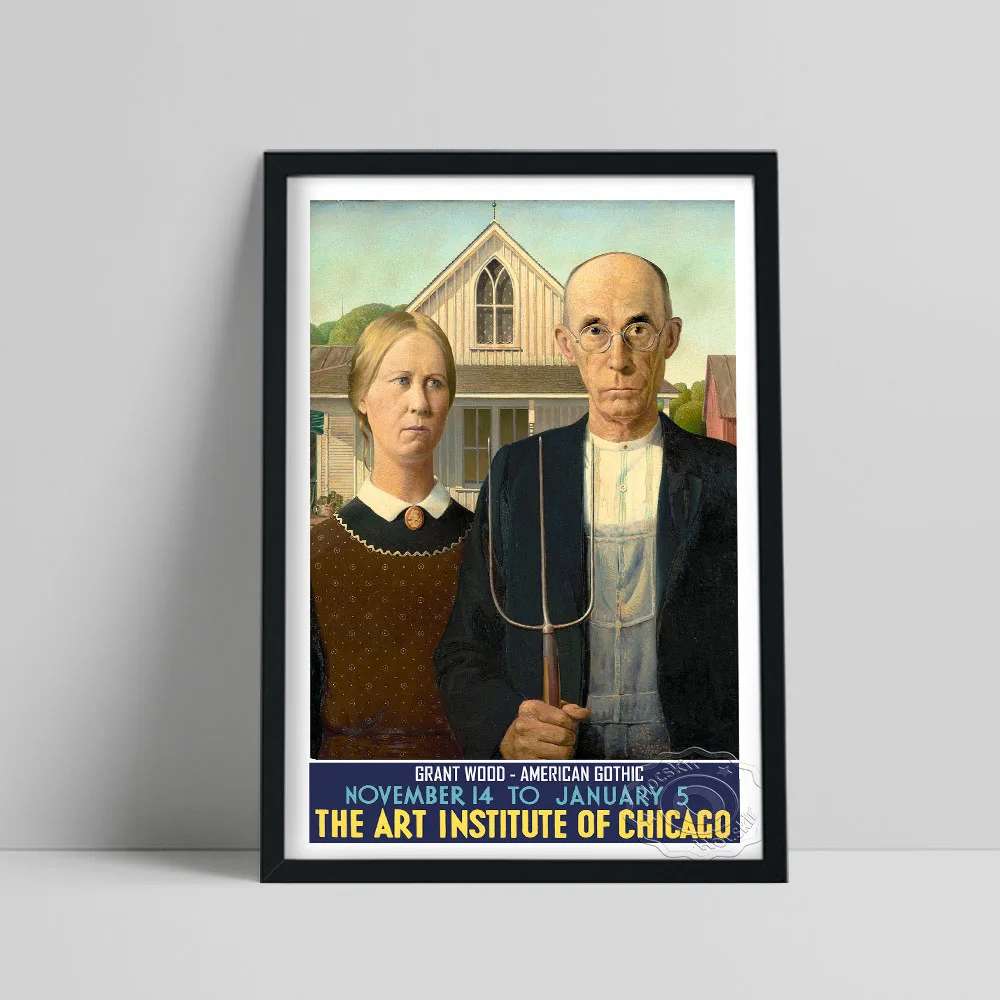 Vintage American Exhibition Poster, Grant Wood American Gothic Canvas Painting, Impressionism Regionalism Art Home Wall Decor
