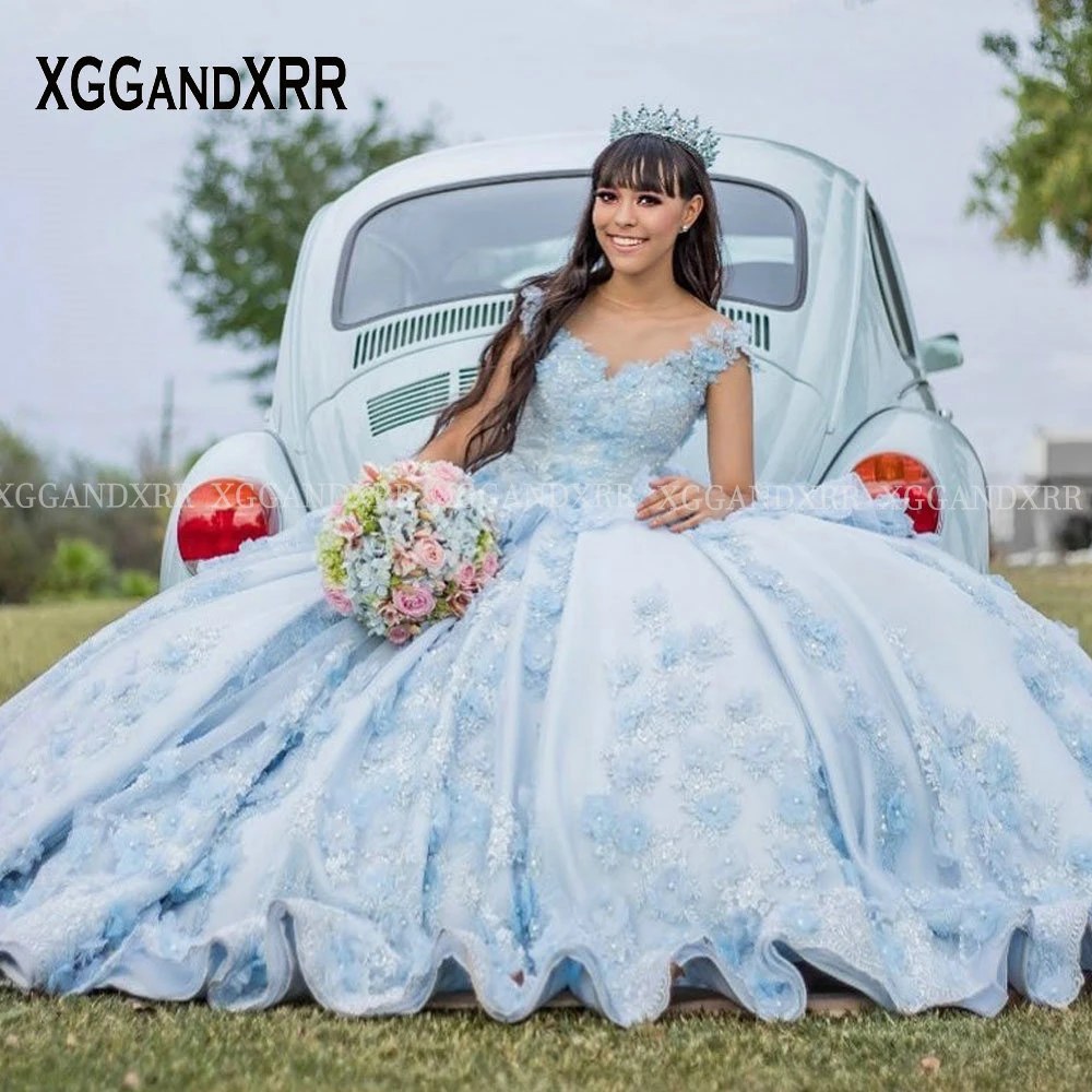

Очаровательные синие мексиканские платья Quinceanera 2025, бальное платье, платье для выпускного вечера, иллюзия, расшитый бисером цветок, милое платье 16, пышное платье Vestidos De 15