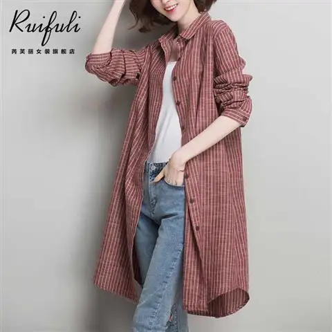 Blouse Women Striped Cotton-Linen Shirt Women\'s Long Sleeve Jacket 2024 Spring and Summer Long Shirt Blusas Ropa De Mujer