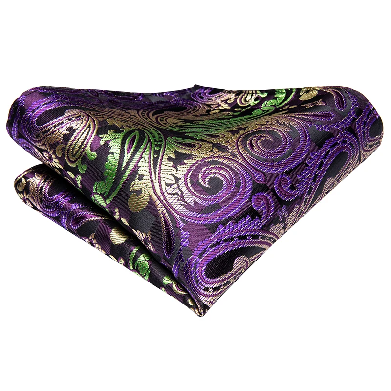 Hi-Tie Luxury Paisley Cravat for Men Purple Green Pocket Square Cufflinks Ascot Scarf Tie New Men\'s Casual Ascot Cravat Tie Set