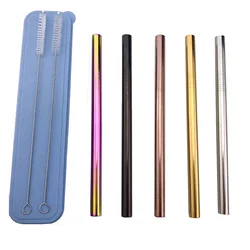 6/8/12*215mm Stainless Steel Rainbow Black Drinking Straw Reusable Straight Metal Straws Fruit Juice Milk Bar Accessories 1pc