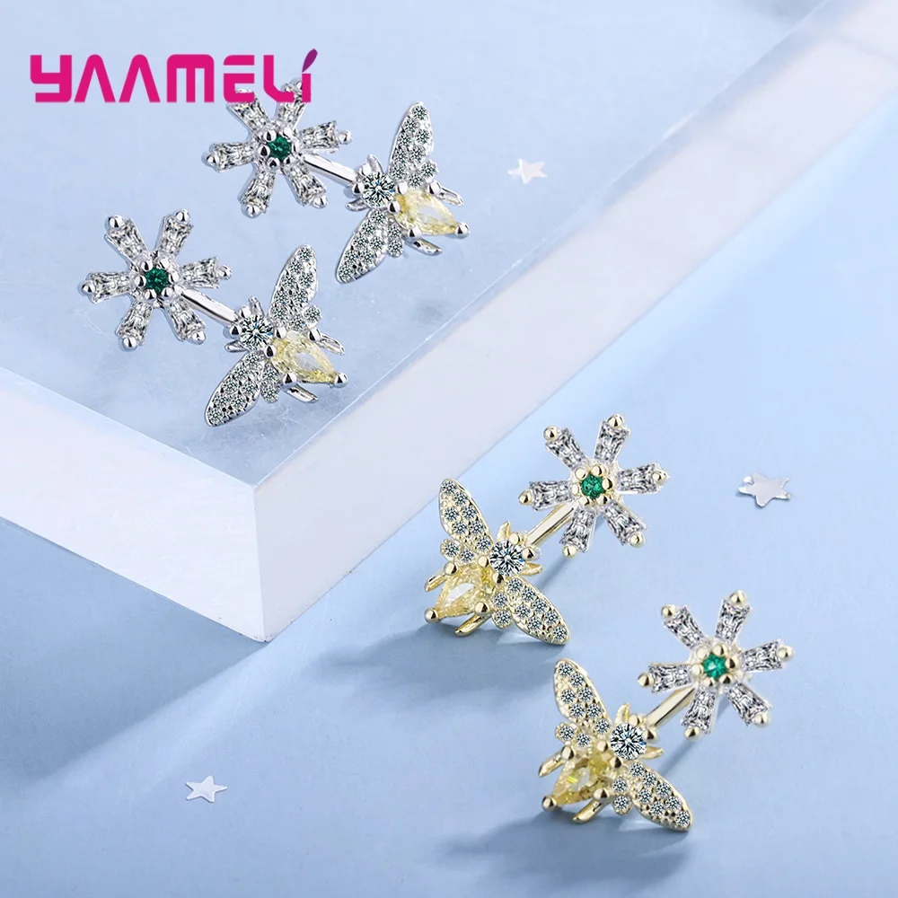 

Brilliant 925 Sterling Silver Stud Earrings Shiny Flower and Bee Cubic Zircon Fashion Jewelry for Women Girls Party Accessory