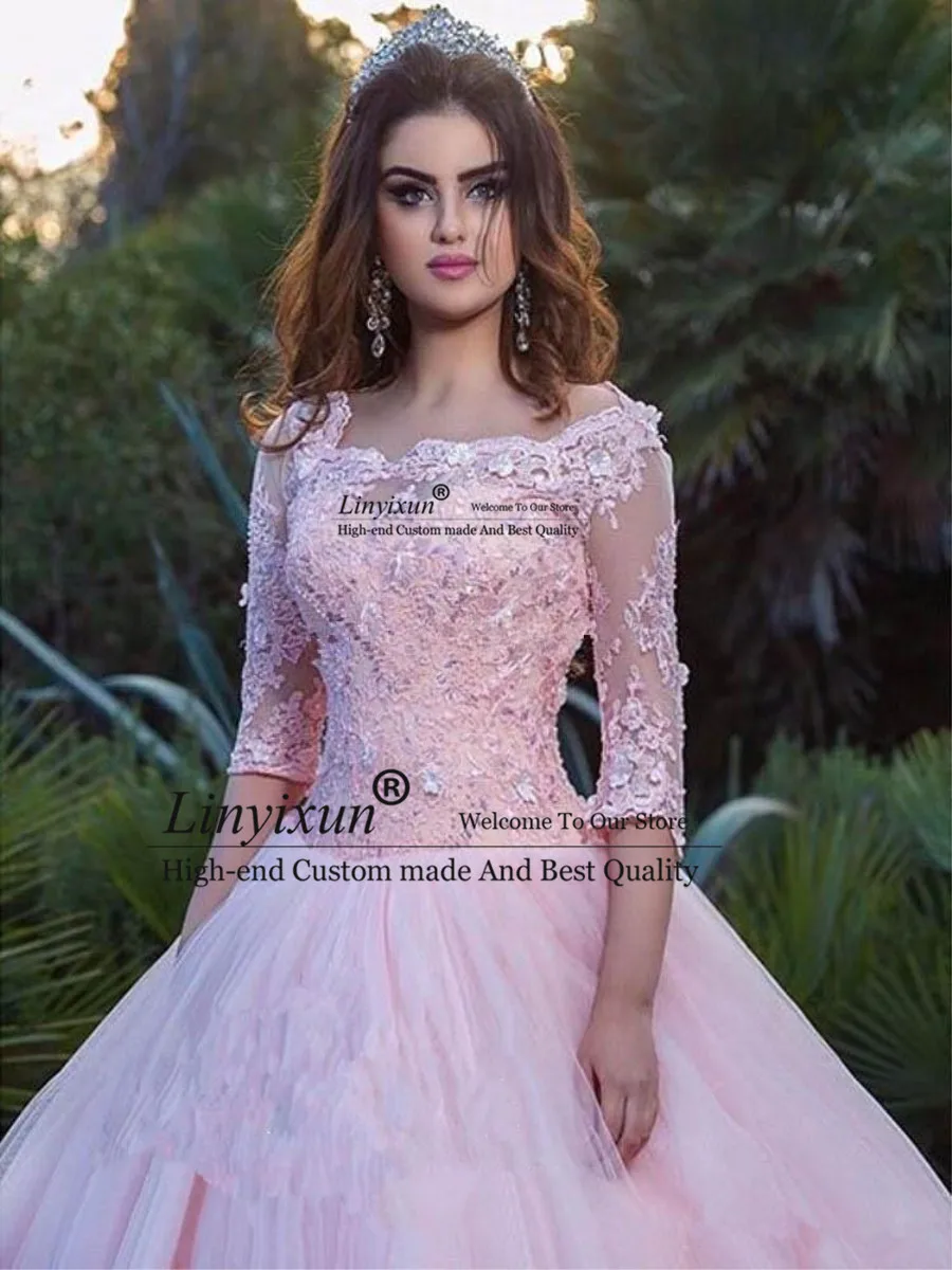 Modest Pink Ball Gown Quinceanera Dresses Bateau Neck 3/4 Sleeves Lace Tulle Corset Lace Up Sweet 16 Dresses Prom Dresses