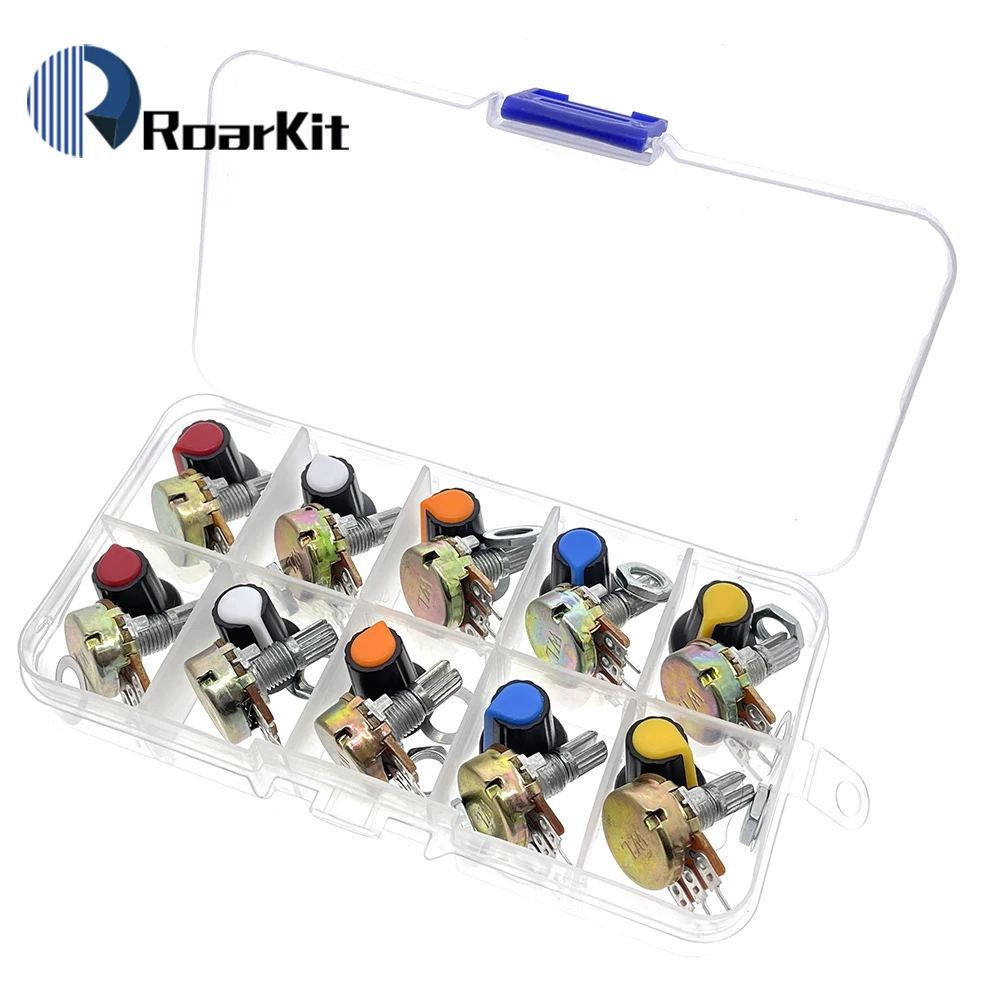 

WH148 Potentiometer Kit B1K 2K 5K 10K 20K 50K 100K 250K 500K 1M 15mm Linear Taper Rotary Resistor Set 3pin With Cap