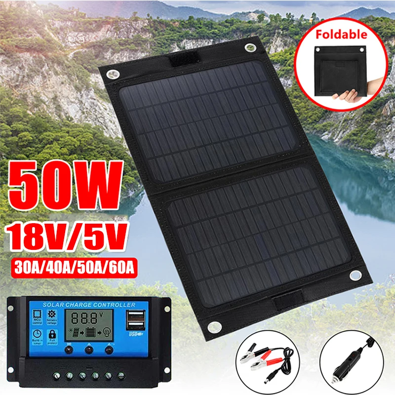 18V 50W Foldable Solar Panel Packback Mobile Power Bank USB Port DIY Emergency Charging Power Supply Pane with 30-60A Controller