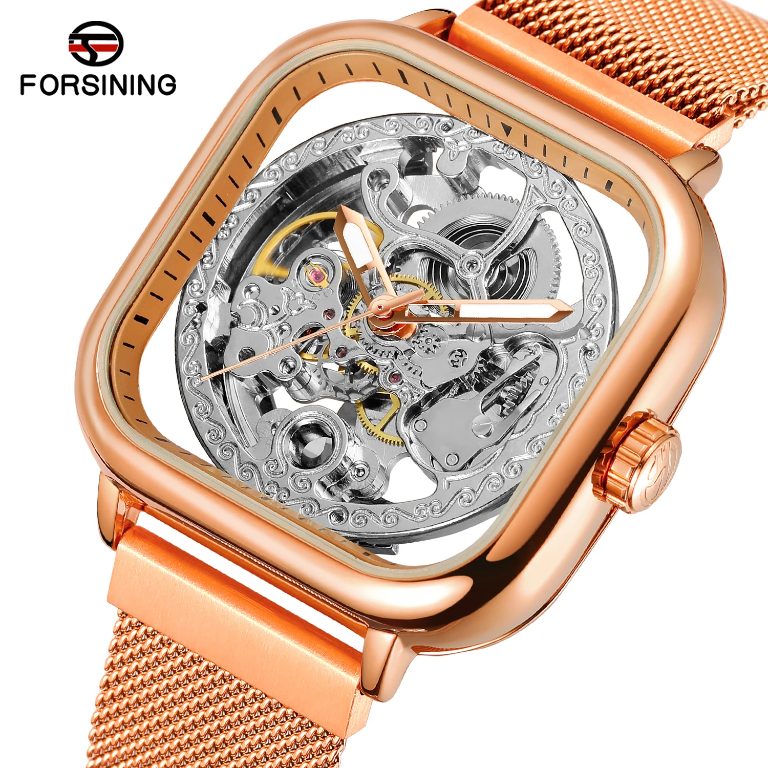 Fashion Forsining Top Men Mechanical Watches Automatic Self-wind Golden Transparent Mesh Steel Wristwatch For Man Male Hot Hour