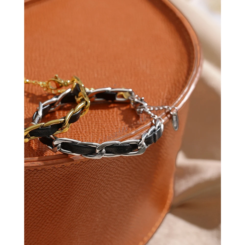 Yhpup Trendy Leather Chain Bracelet Jewelry Stainless Steel Metal Texture 18 K Statement for Women Bijoux Femme Fashion Men New