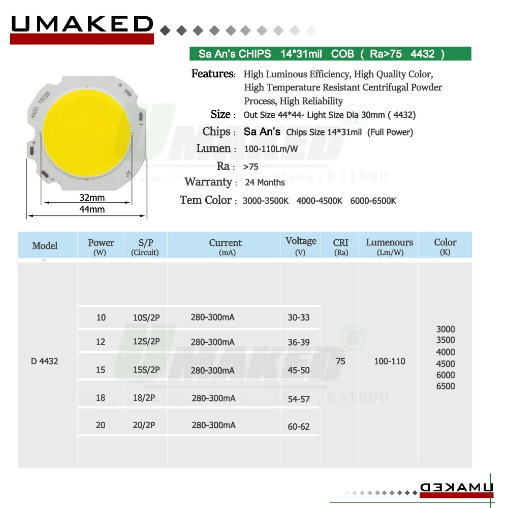 10pc LED COB 10 15 20 24 30 40 50W 4032 6042 7660 Size Ra75 110lm/w Current 300mA 3000-4000-6000K San An Chip Light Bead Source