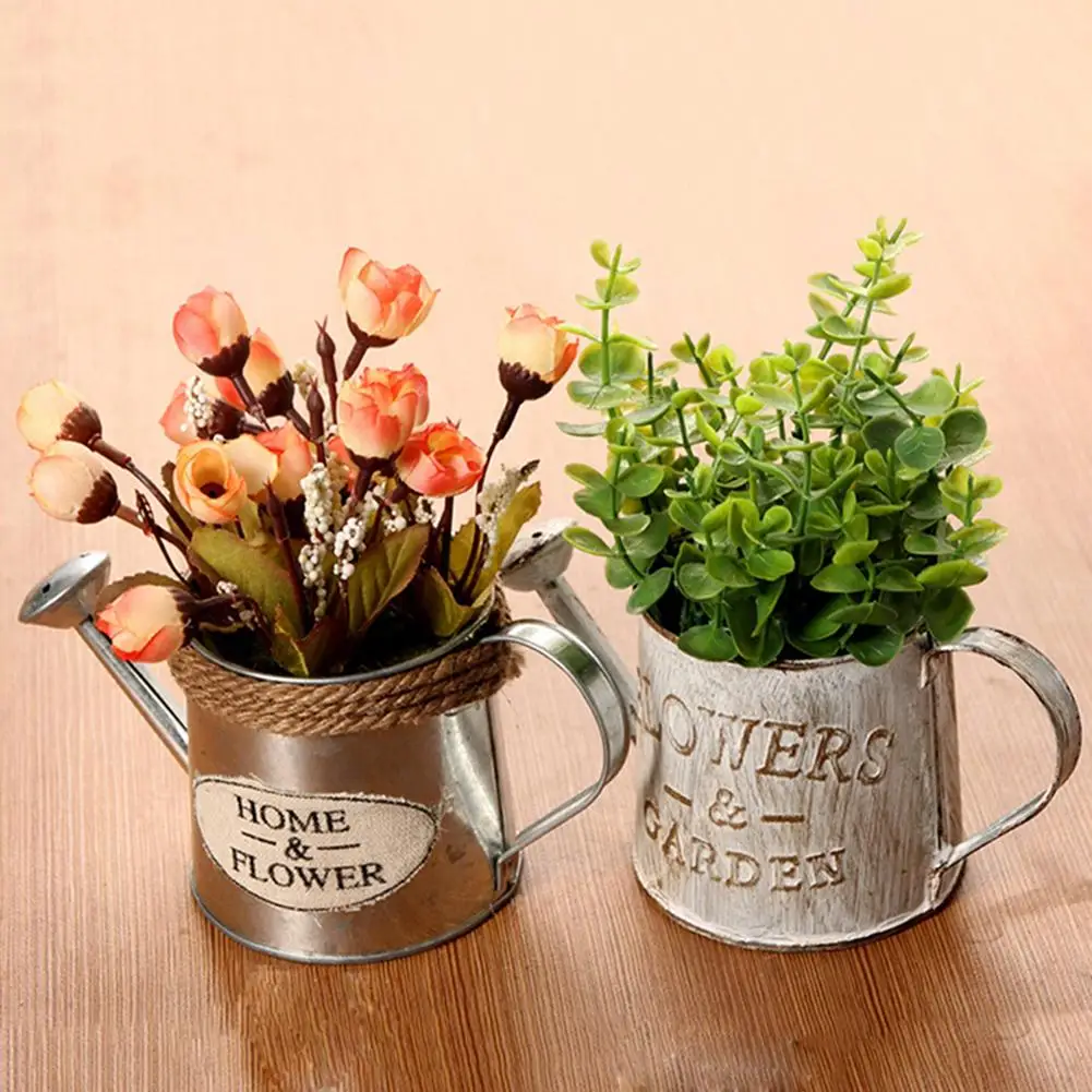 Vintage  Watering Cans Flowers Bucket Barrel Metal Vases Vintage Home Garden Ornaments Retro Metal Craft Artificial Holder Decor