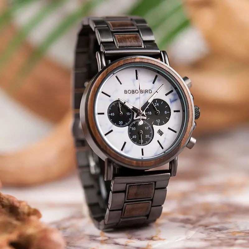 BOBO BIRD Marble Dial Wood Watch Men Chronograph Wooden Metal Quartz Wristwatch Relogio Masculino Gift for Father Husband J-P09