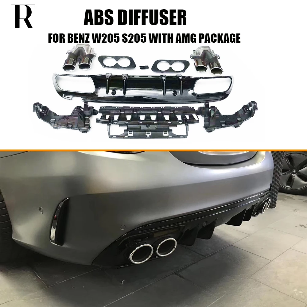 C43 Style ABS Rear Diffuser With Round Tips for Benz W205 Sedan S205 Wagon C180 C200 C300 C400 C43 C63 15 - 21