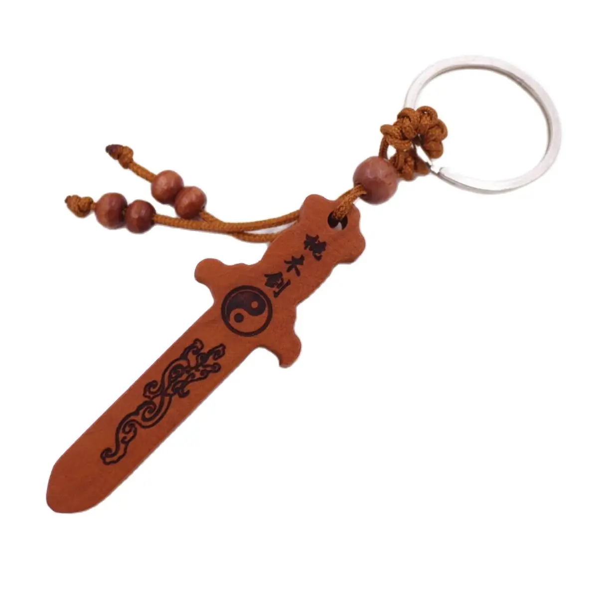 20mmX65mm Peach Wood Sword Carved Eight Diagrams Good Lucky Key Chain 1 PCS