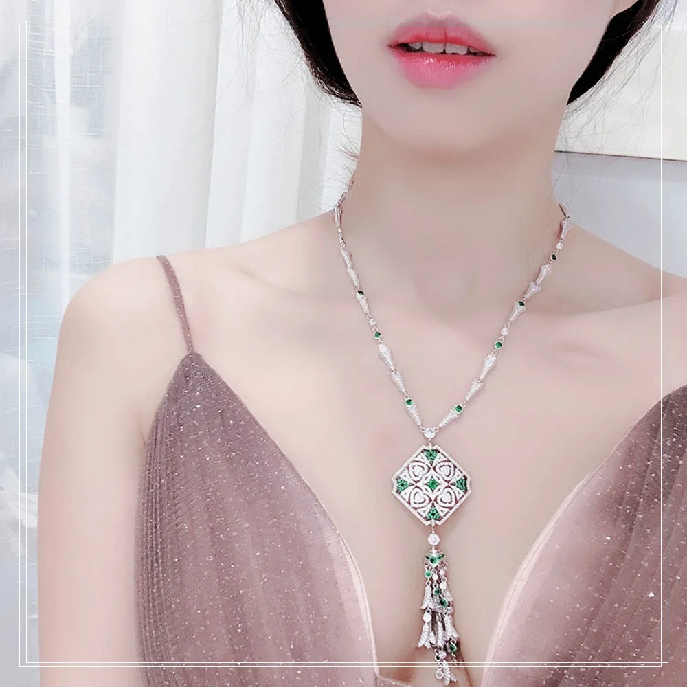 

Fashion Luxury Green Tassel Banquet Necklace Women Hot Brand Jewelry Quality AAA Zircon Shining Gift Womens Clothing Accessories