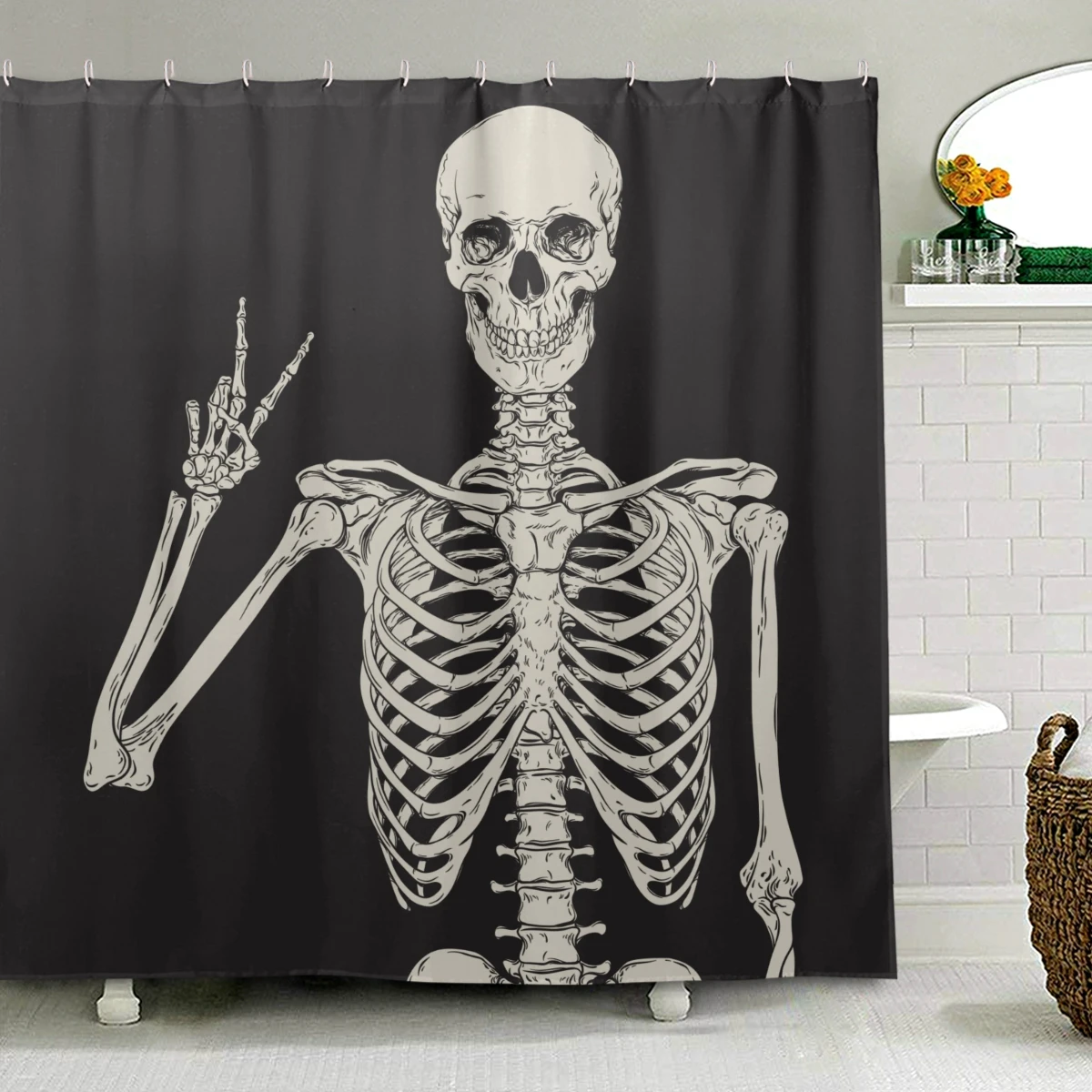 Funny Skull Skeleton Print Shower Curtain Polyester Fabric Waterproof Bath Curtain With 12pcs Plastic Hooks For Bathroom Decor