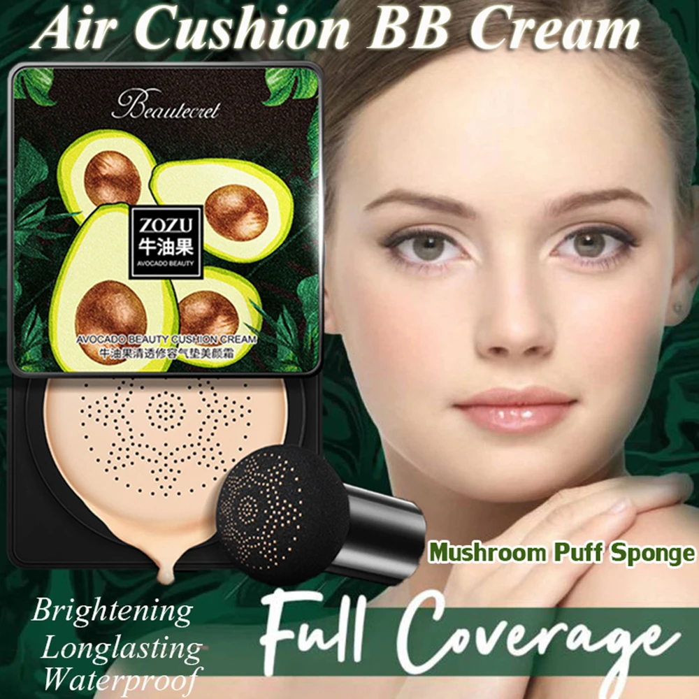 Women Waterproof Foundation Concealer Brightening With Mushroom Puff Sponge Face Makeup Air Cushion BB Cream Avocado