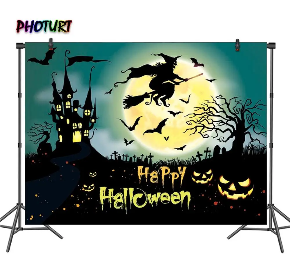 PHOTURT Halloween Backdrop Festival Decorate Background Pumpkin Lantern Moon Castle Bat Wizard Vinyl Banner Photography Props