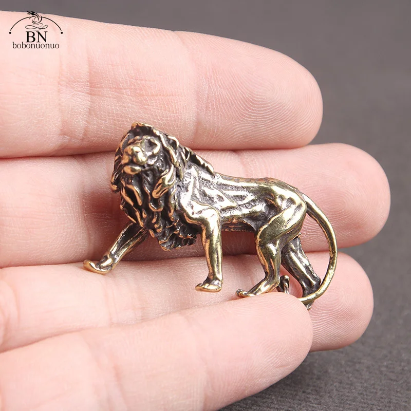 Retro Brass Lion King Miniatures Figurines Desktop Ornaments Pure Copper Statue Metal Crafts Home Decorations Keychain Pendants