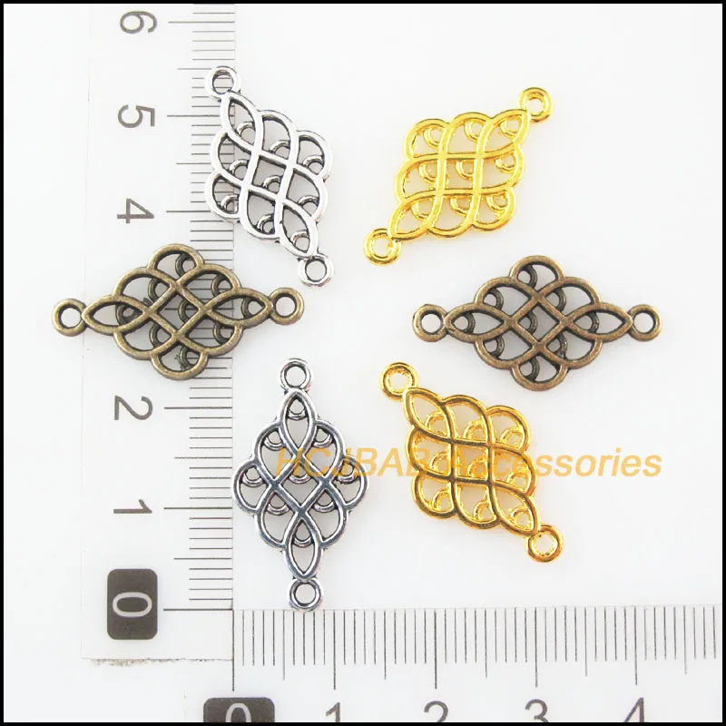 30Pcs Retro Tibetan Silver Tone Gold Antiqued Bronze Tone Chinese Knot Charms Connectors 14x25.5mm