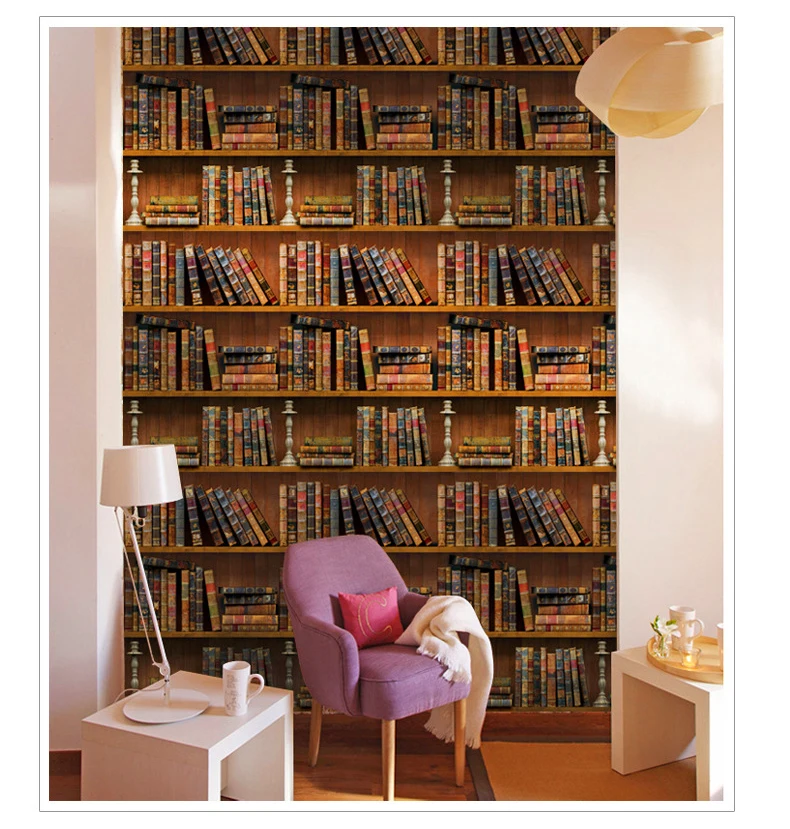 45CM*10M 3D Simulation Cabinet Books Library Wallpaper Vintage Bookshelf Pattern Wall Papers PVC Self Adhesive Wall Decor Mural