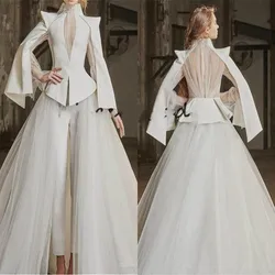 Vintage Wedding Jumpsuit with Detachable Train Custom Long Sleeve High Neck Plus Size robes de mariée Bride Pant Suit Wedding