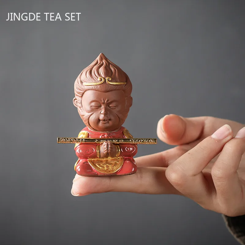 Boutique Purple Clay Tea Set Accessories Sun Wukong Model Tea Pet Ornaments Home Desktop Flower Pot Decoration Crafts Gifts