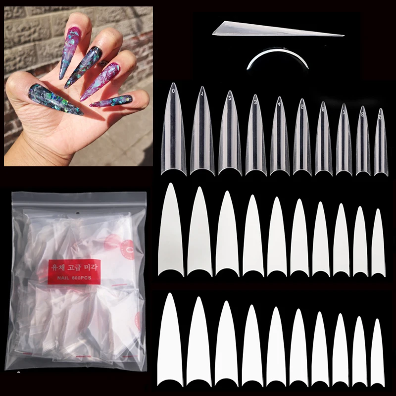 500/600 Pcs False Nail Tips Long Sharp French Acrylic Fake Nails 10 Sizes Artificial Stiletto Salon DIY Nail Art Tips Care Tools