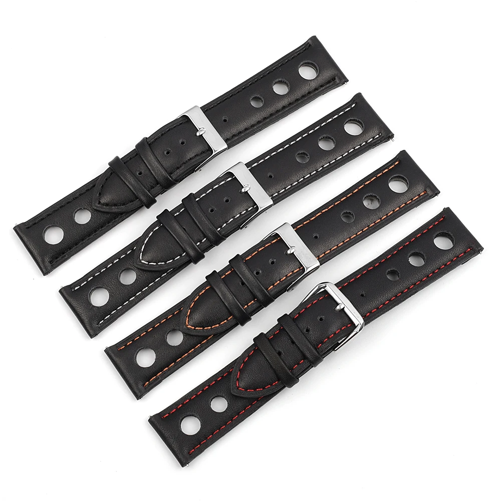 Genuine Leather Handmade Vintage Wrist Band Watch Strap Belt 18mm 20mm 22mm Men Watchband Hollow Breathable Black Watchstrap