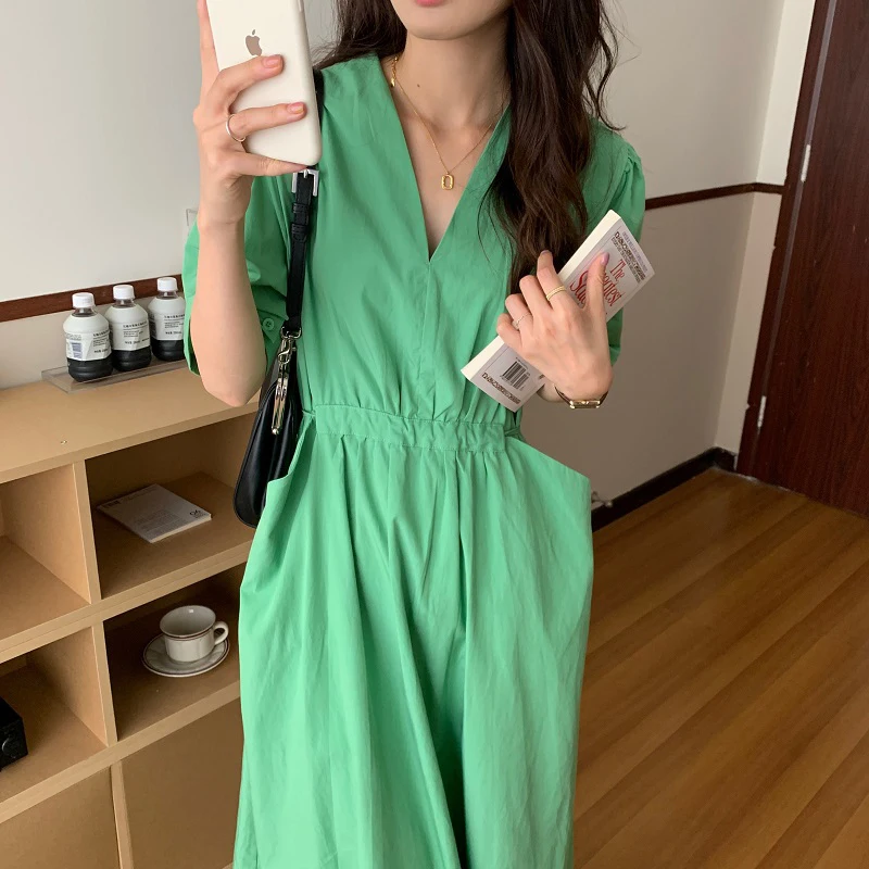 Pinkou Women Stylish Solid Midi Dress High Waist Pockets Bow Tie Sashes V Neck Green Pink Gery Female Chic Mid Calf Dresses QA76