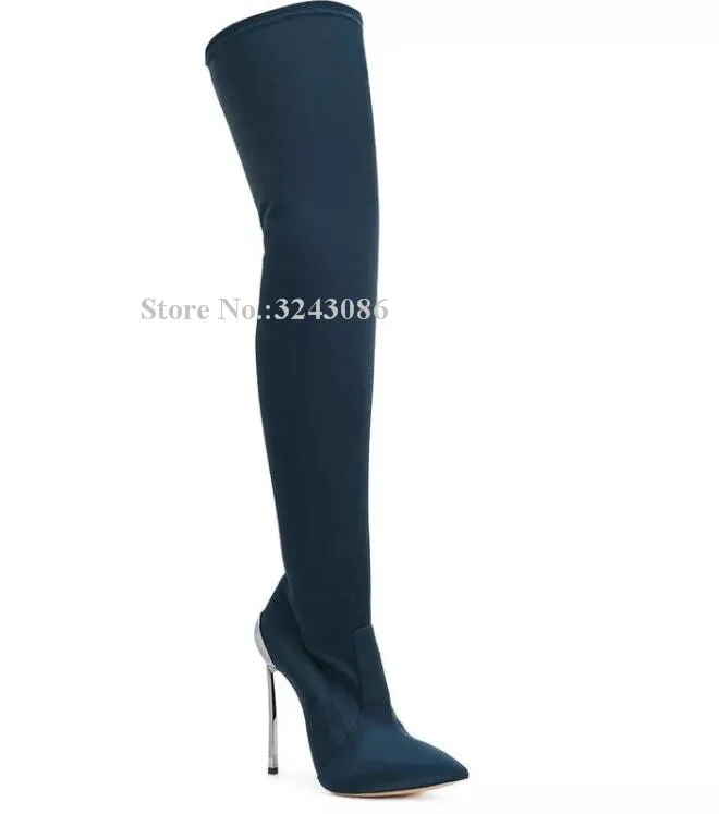 Fashion Rose Red Satin Metal Heel Long Boots Women Sexy Pointed Toe Stiletto Heel Elastic Over the Knee Thigh High Boots Lady