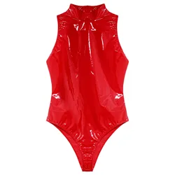 Womens Wetlook Bodycon Bodysuit Patent Leather Scoop Neck Leotard Glossy Sleeveless Catsuit for Club Pole Dancing Performance