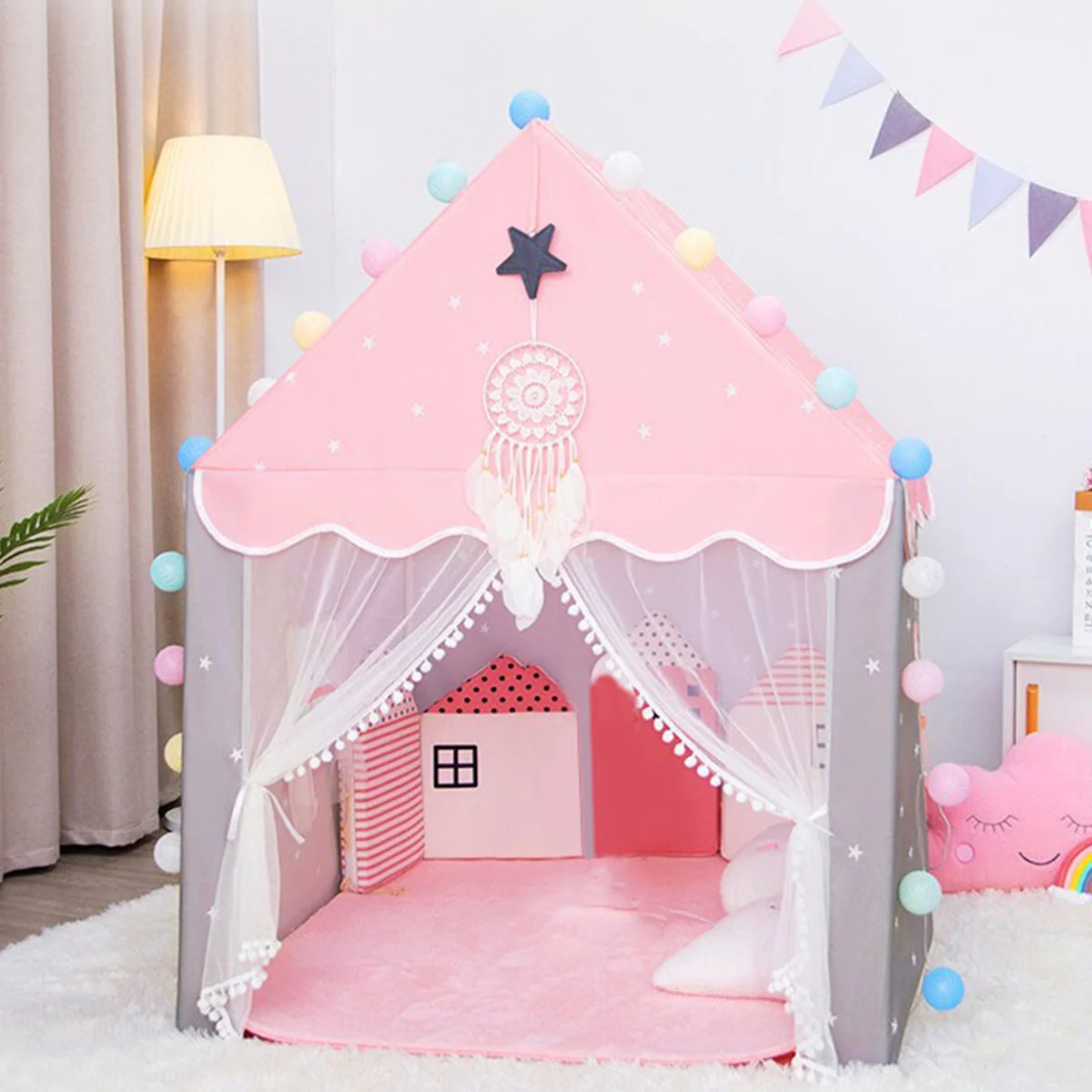 

Children Play Tent Princess Castle House Game Room Cartoon Easy Assemble Playhouse Tent Toys Gifts Pink Yellow Blue