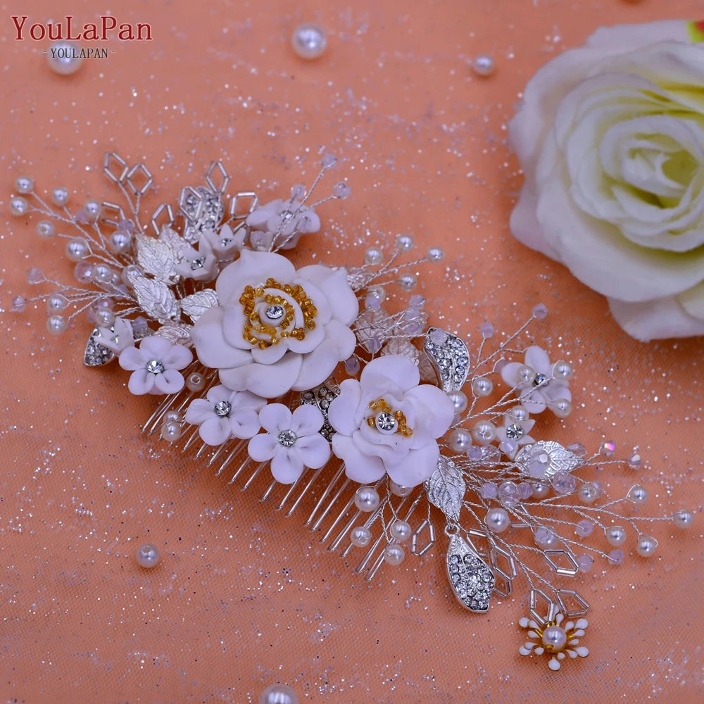 TOPQUEEN Floral Wedding Hair Piece Side Comb Bridal Comb with Flowers Bridemaids Head Pieces Pearl Wedding Hair Clips HP320