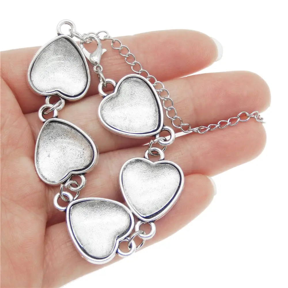 Heart Shape Cabochon Setting Antique Silver Color Connector Base Bracelet Bezel Blank With Glass For Bracelet Making Accessory