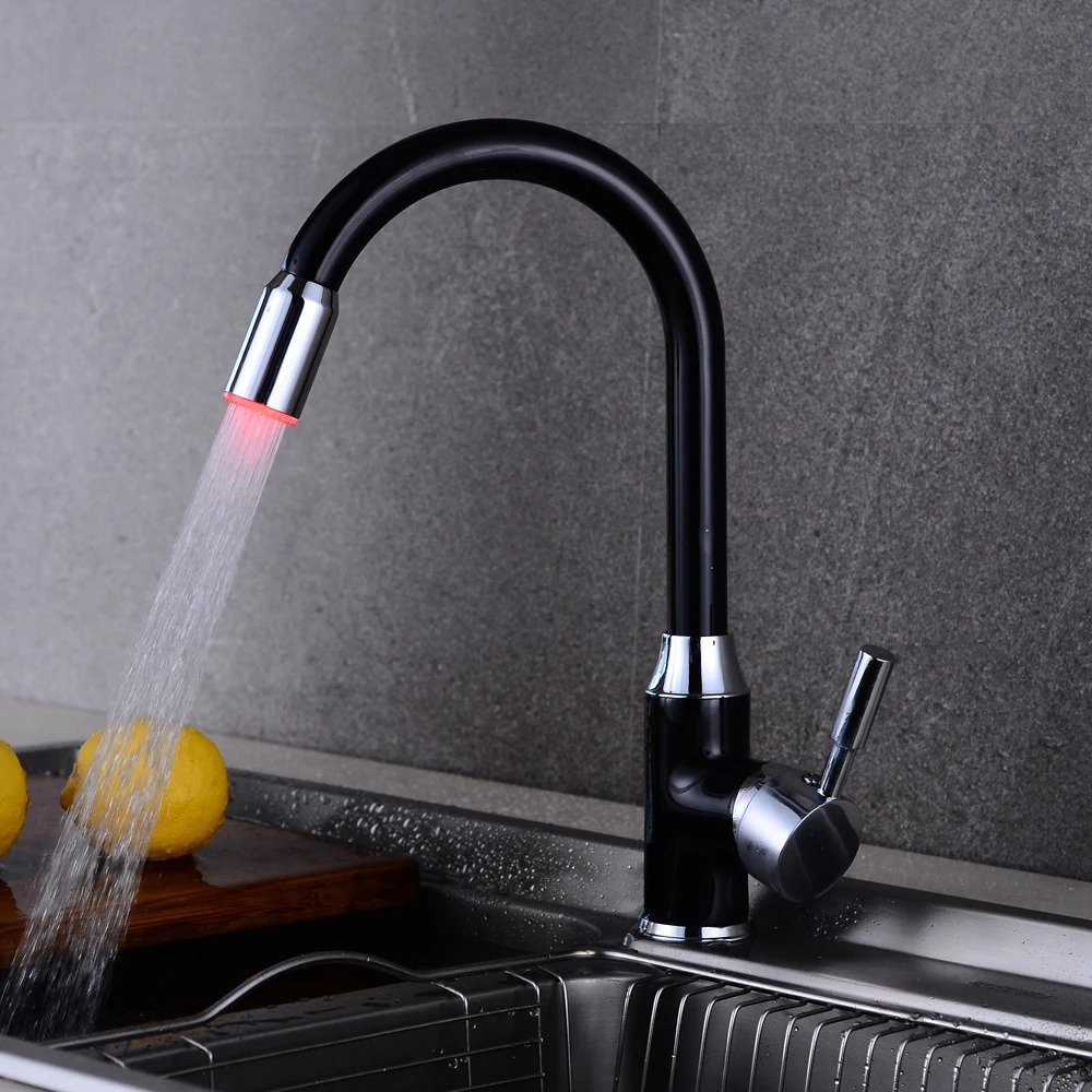 Black Led Light Tap Bathroom Kitchen Faucets Swivel Sink Temperature Sensor Color Led Mixer Tap B3276