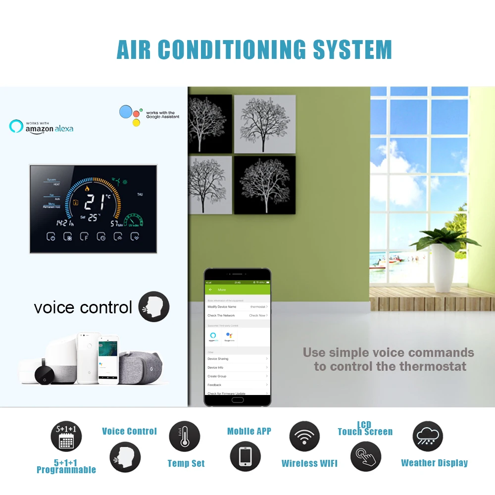 95-240VAC 2pipe 4pipe fan coil thermostat cooling/heating thermostat,TUYA WIFI programmable Works with Alexa Google Home