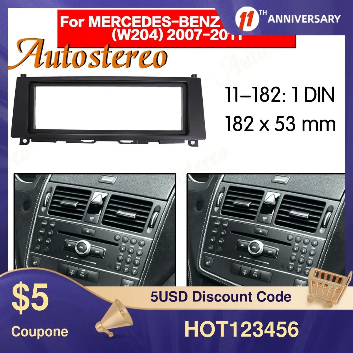 

1Din Car Radio Fascia for 2007-2011 Mercedes BENZ C CLASS W204 Surround CD Installation Kit Audio Frame Trim Bezel