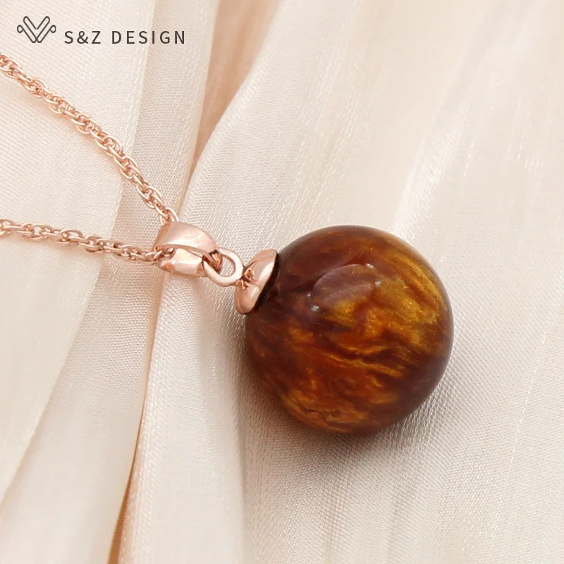 S&Z DESIGN New 585 Rose Gold Color Round Acrylic Beads Pendant Necklace For Women Wedding Party Elegant Fashion Jewelry