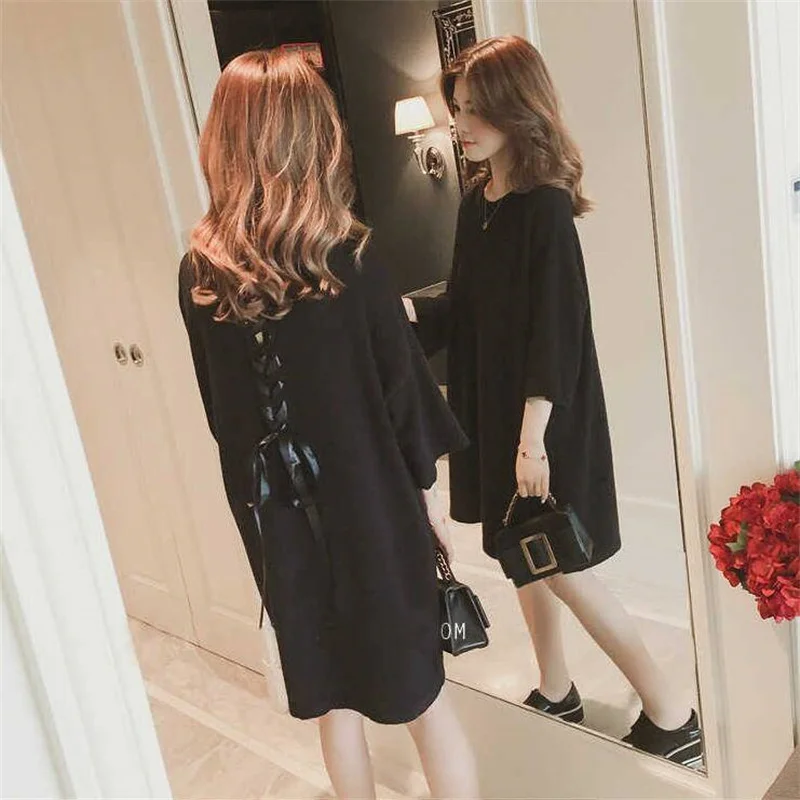 Base Knit Sweater Sweater Fashion Women\'s 2021 Spring And Autumn New Style Korean Mid-Length Loose Back Lace-Up Female Dress E