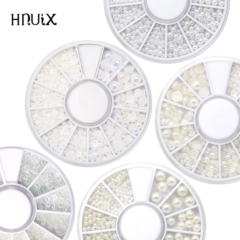 HNUIX Mix Sizes White Nail Art Tips Half Pearls 3d Nail Beads Rhinestone Decoration DIY Beauty Salon Manicure Supply