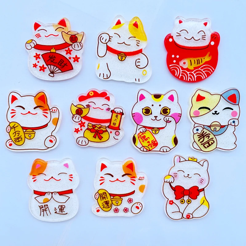 10 Cute Cartoon Zhaocai Cat Series Acrylic Kawaii Flat Bottom Scrapbook DIY Crafts Decoration Accessories 070